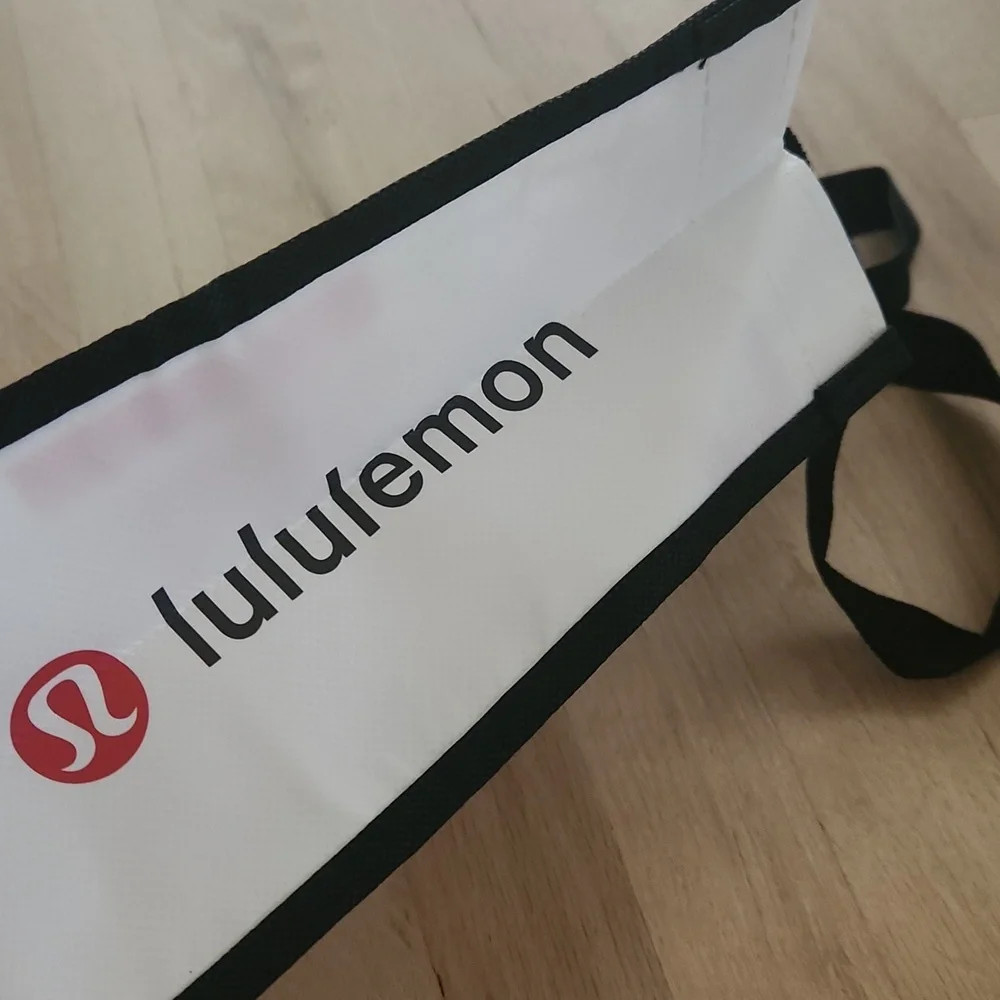 Lululemon Athletica White Red Small Tote Bag With Fabric Straps And Snap Closure